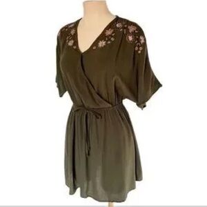 Knox Rose Green Boho Embroidered Faux Wrap Short Dress Size L